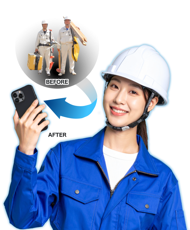 測量機などを持った男性二人と女性がスマホで測量している様子のメインビジュアル