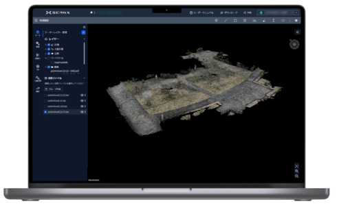 ノートPC画面に表示されたスキャン・エックスの3D点群データ