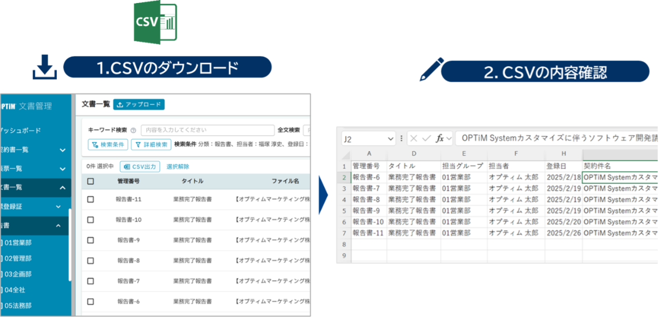 文書一覧の情報をCSVとして一括ダウンロードできる機能の概念図