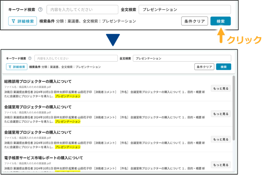 全文検索の結果例(本文の一致箇所をハイライト表示)