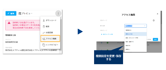 アップロード後に文書ごとのアクセス権限を変更する操作例(︙メニュー→アクセス権限)