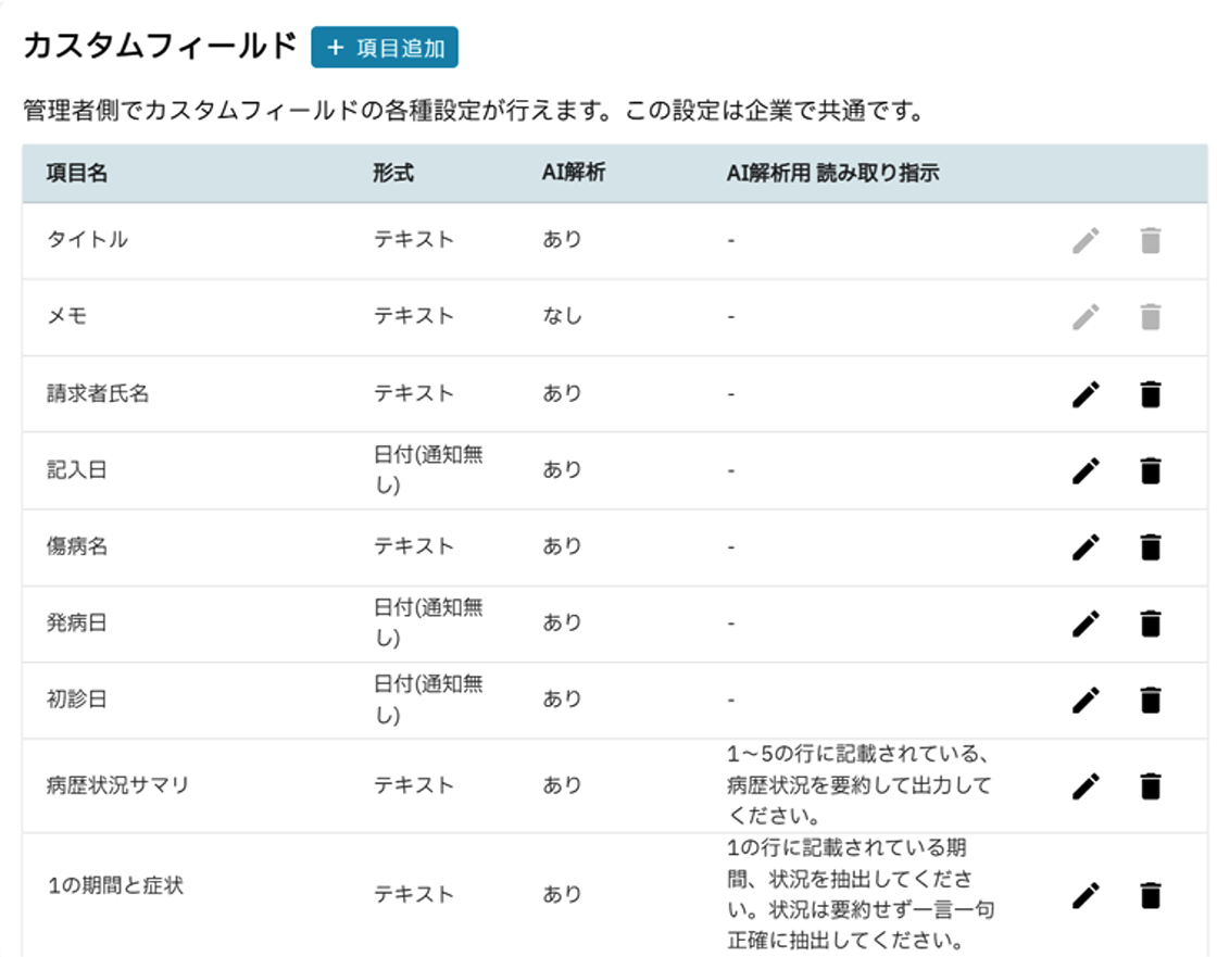カスタムフィールド設定画面:医療情報項目のAI解析設定一覧表の画面イメージ