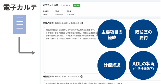 電子カルテシステムのインターフェース：患者情報と診療記録の表示画面、主要項目の経緯、既往歴の要約、診療経過、ADLの状況などの機能を示す円形アイコン付き