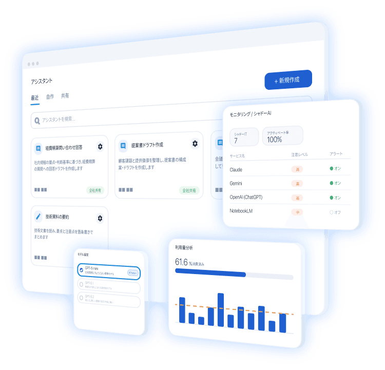 OPTiM Biz AI Agentの管理画面と利用状況分析画面のイメージ