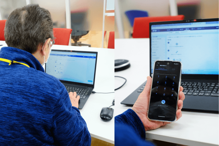 日販アイ・ピー・エス株式会社 様 パソコンでの端末管理画面の操作と、スマートフォンの設定画面。