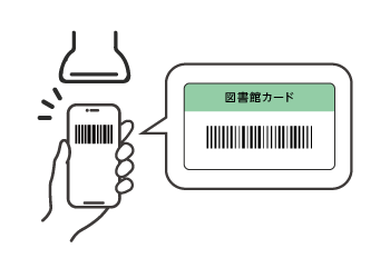 スマホで図書館カードのバーコードをスキャンしている様子のイラスト