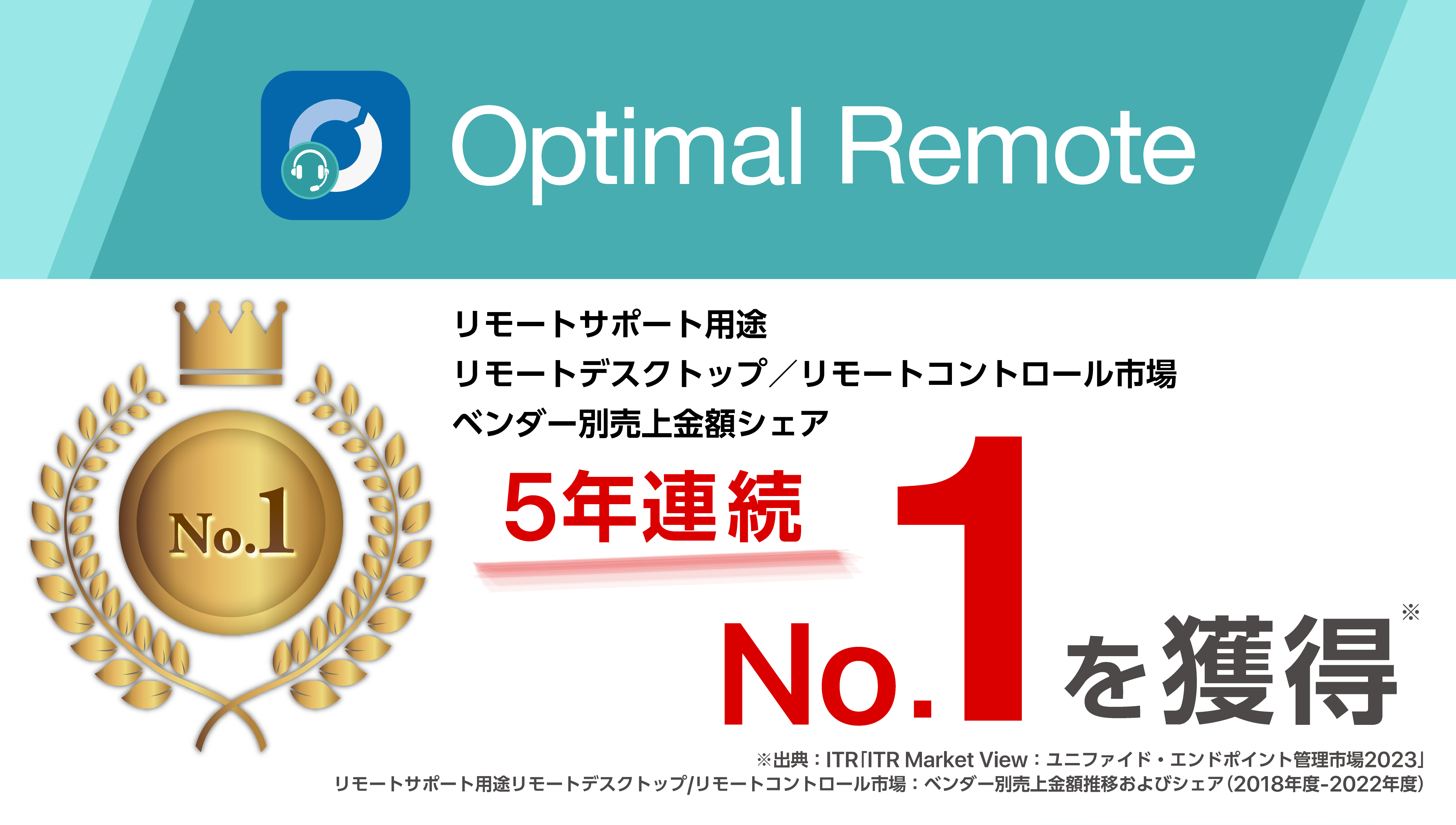 リモートサポートサービス「Optimal Remote」「リモートサポート用途リモートデスクトップ/リモートコントロール市場」ベンダー別売上金額シェア5年連続No.1