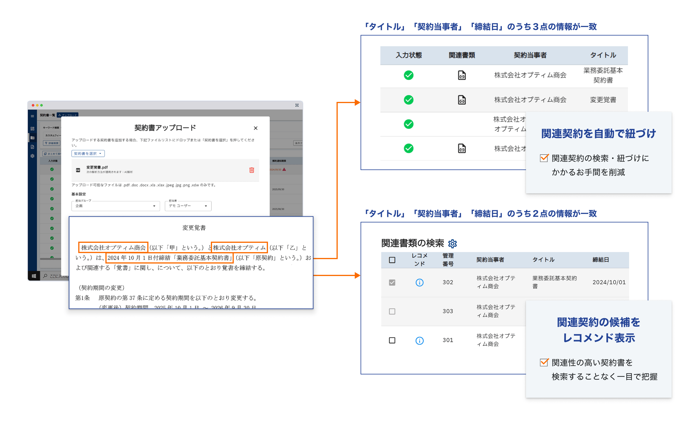 関連する契約書の自動紐づけ機能の画面イメージ