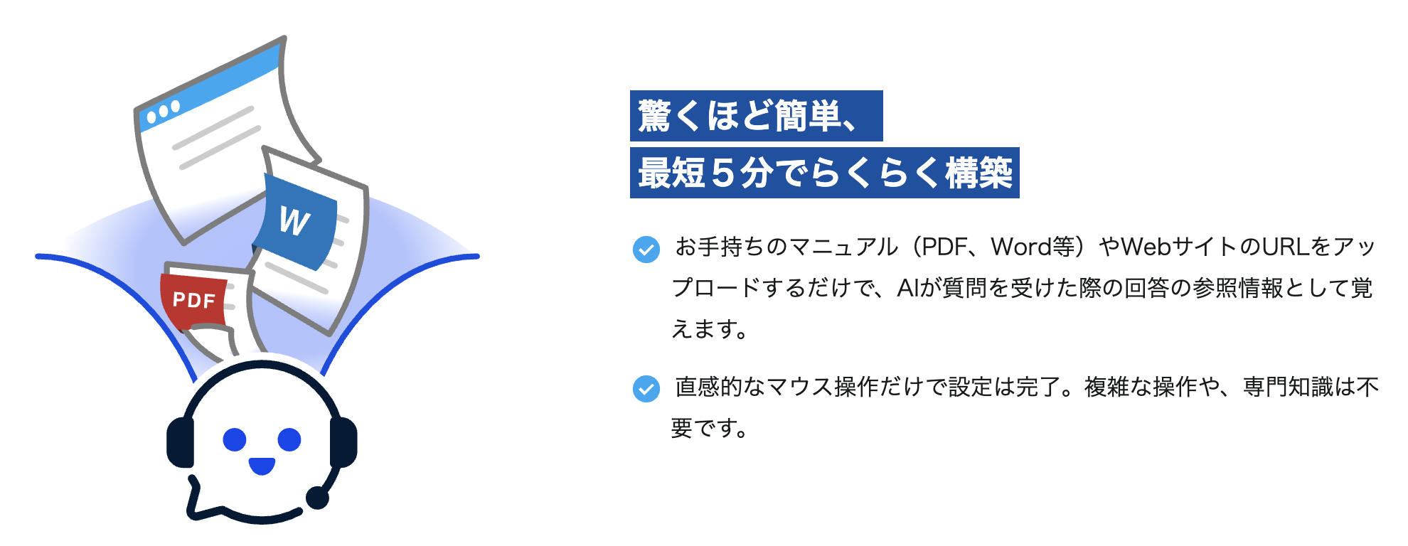 AIチャットボットによる文書管理システム。PDFやWordファイルをアップロードするだけで簡単に5分で構築できることを説明する図。