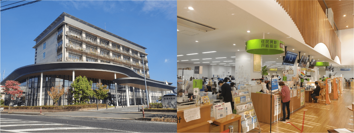 武雄市役所の外観、窓口の写真